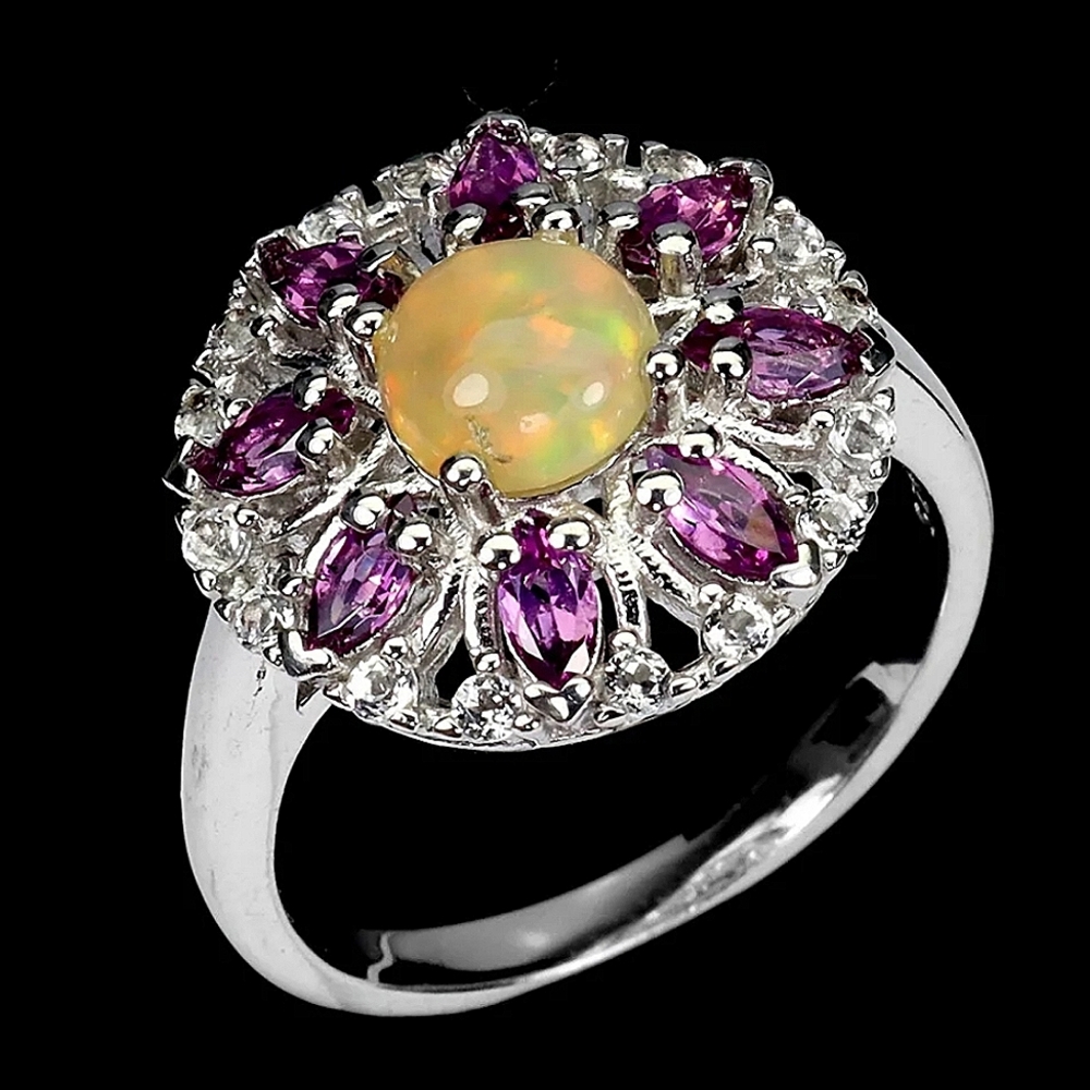 Natural Fire Opal‎ 6mm, Rhodolite & White Topaz 925 Sterling Silver Ring Sz 6.75